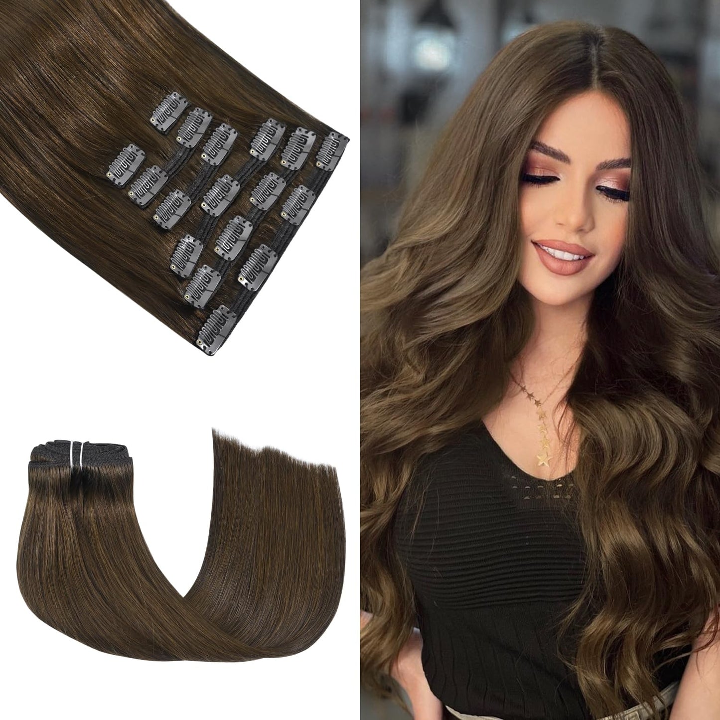 Honsoo Chocolate Brown Clip In Hair Extensions Human Hair, 18In 120G 7Pcs Natural Remy Human Hair Extensions No Shedding No Tang