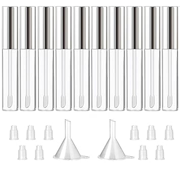 GTHER 10PCS 10ML Empty Lip Gloss Containers Tube with Wand, Refillable Balm Bottles, Lipstick Sample Container and Funnel Rubber Stoppers for Girls DIY Samples, Black Top