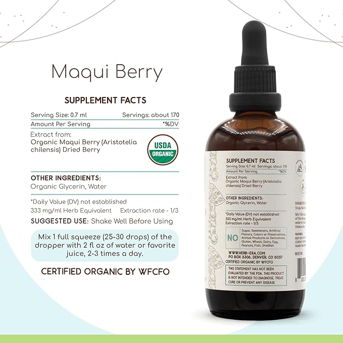 Maqui Berry B120 Alcohol-Free Herbal Extract Tincture, Super-Concentrated USDA Organic Maqui Berry (Aristotelia chilensis) 4 fl oz