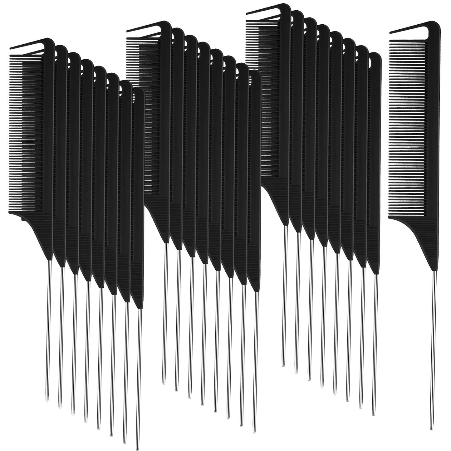 Patelai 30 Pieces Parting Comb for Braids Steel Hair Pin Rat Tail Carbon Fiber Heat Resistant Teasing Combs with Stainless Steel Pintail(Black, Silver)