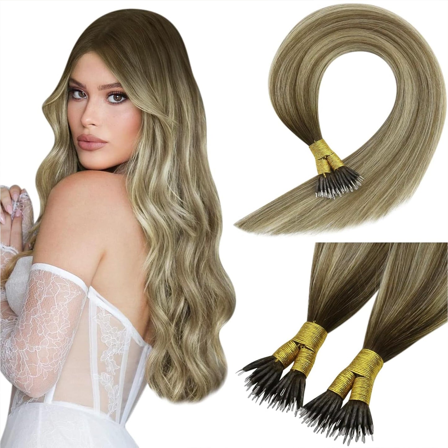 Sunny Hair Nano Extensions Human Hair Brown 20Inch Nano Hair Extensions Real Human Hair Cool Brown Balayage Light Brown Mix Gold