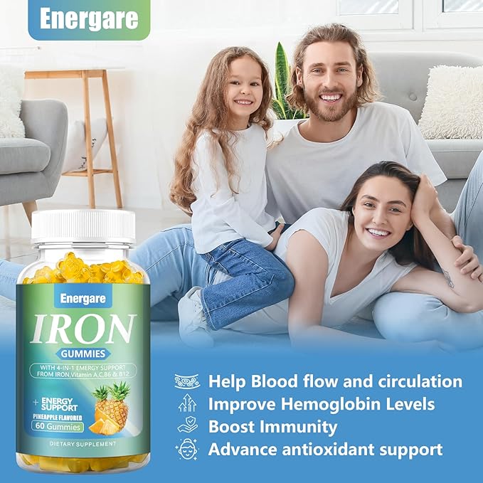 1 Pack Vegan 100Mg Iron Supplement Gummies for Women & Men - Vitamin A, C, B - Energy Support for Iron Deficiency, Anemia, Adults &Children, Pineapple Flavor Gummy, 60 Counts