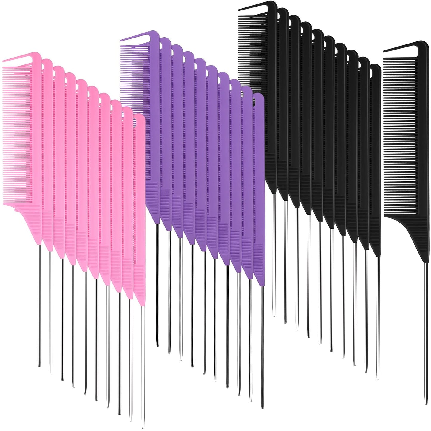 Patelai 30 Pieces Parting Comb for Braids Steel Hair Pin Rat Tail Carbon Fiber Heat Resistant Teasing Combs with Stainless Steel Pintail(Black, Pink, Purple)