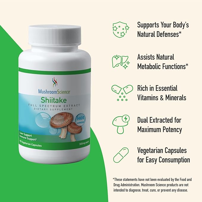 Shiitake Mushroom Capsules, Full Spectrum Extract, Natural Mushroom Supplement for Adults, Hot Water Extracted Mushrooms, Health Defense Support, Vegetarian, 300MG, 90 Count