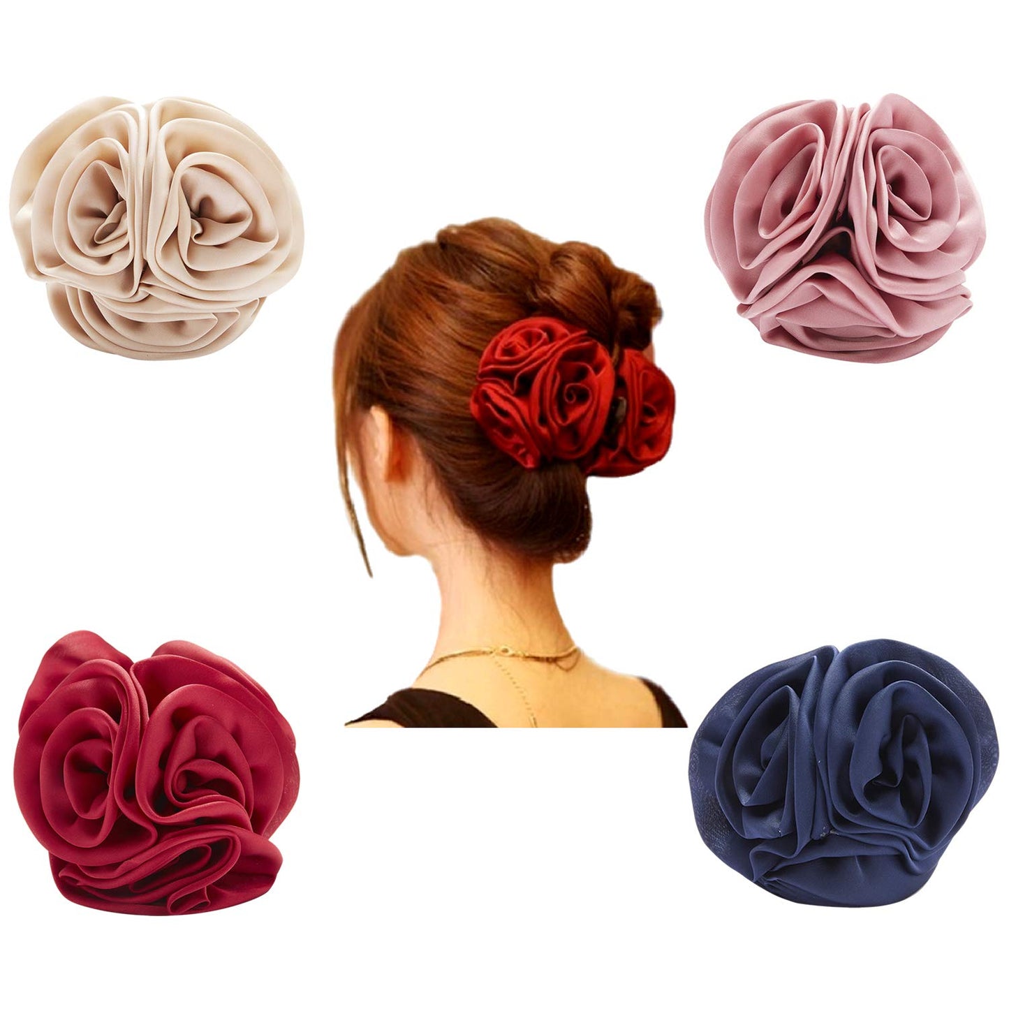 Lawie 4 Pack Large Butterfly Octopus Ribbon Silk Chiffon Rose Flower Large Bows Plastic Hair Claw Clips Jaw Barrettes Grips Clam
