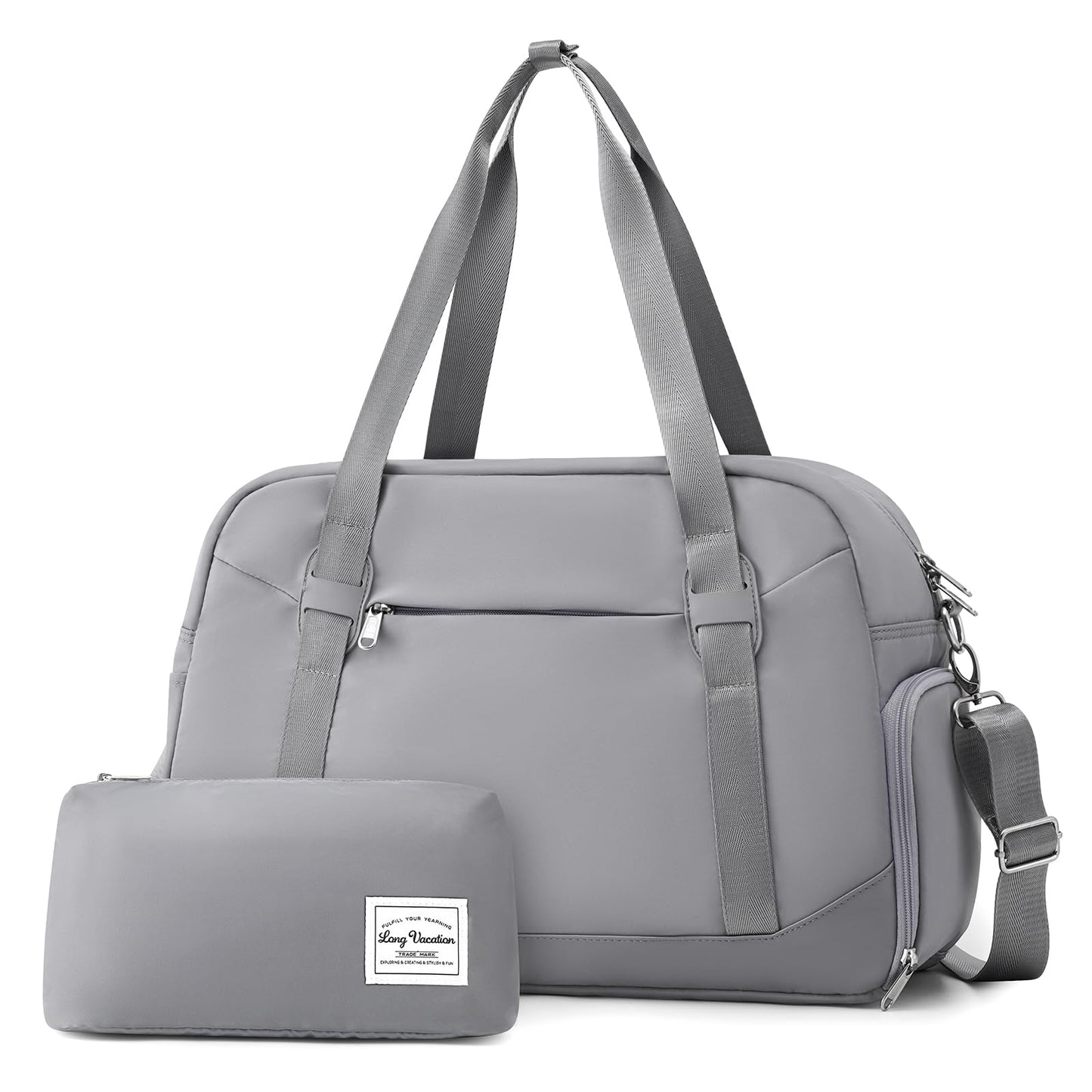 LONG VACATION Women's Travel Duffel Bag with Toiletry Bag, Sports Gym Bag Weekendeer Carry-on Tote with Shoe Compartment and Wet Pocket, Yoga Bag Fit 15.6inch Laptop (GREY, 18-inch)