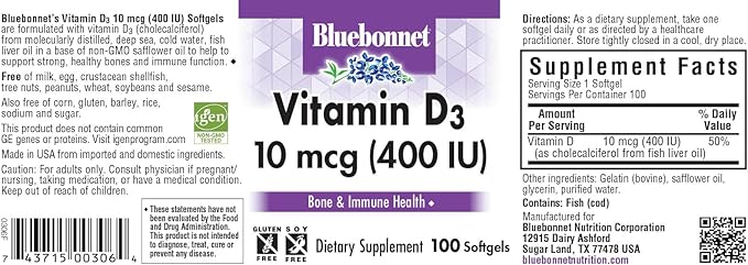 Bluebonnet Nutrition Vitamin D3 400 IU Softgels, Aids in Muscle and Skeletal Growth, Cholecalciferol from Fish Oil, Non GMO, Gluten Free, Soy Free, Dairy Free, 100 Softgels