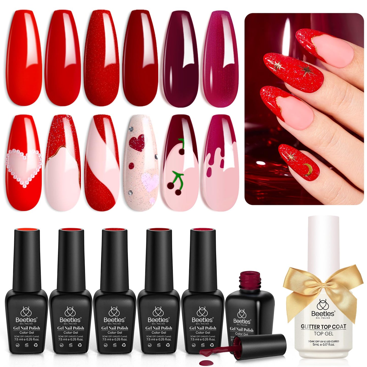 Beetles Red Gel Nail Polish Set With Top Coat, 6 Colors Popular Shimmer Red Burgundy Gel Polish Kit Nail Art Design Soak Off Uv