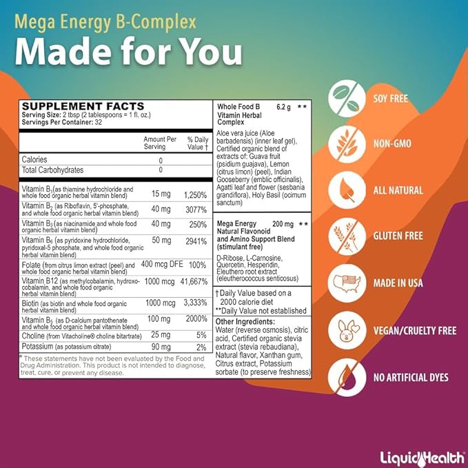 LIQUIDHEALTH Complete Multiple & Mega Energy B-Complex Daily Liquid Vitamins Bundle for Adults - Immune System Support, Increase Energy, Gut & Heart Health - Whole Foods, Vegan, Non-GMO, Made in USA