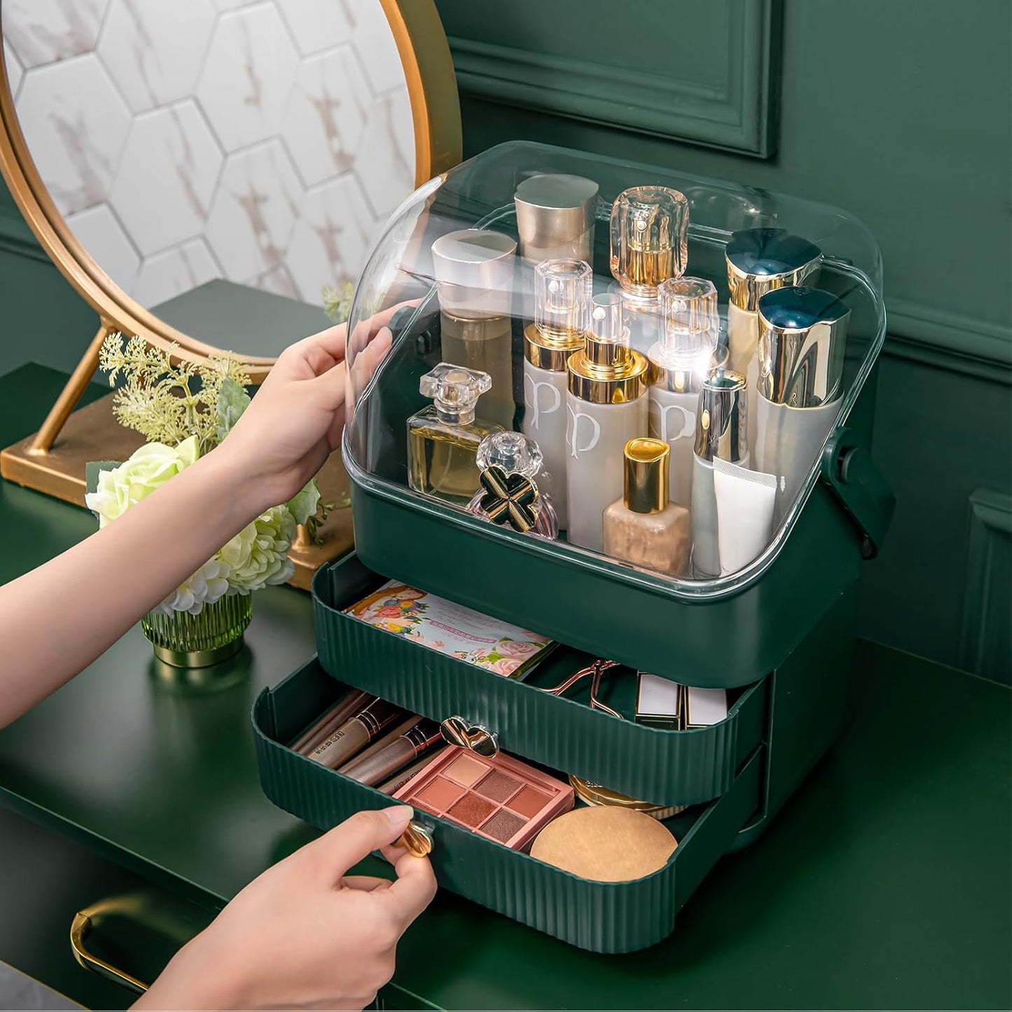 Makeup Organizer | 3-Tier Cosmetic Storage Box with Dust Cover & Drawers | Ivory