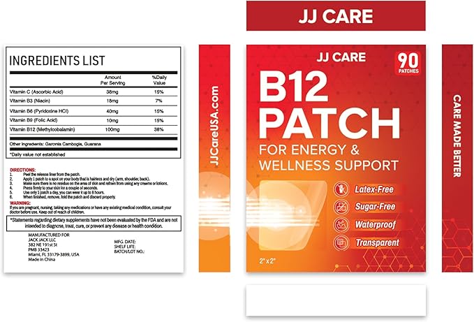 JJ CARE B12 Patch (Pack of 90), Self-Adhesive Natural Blend Topical Daily B12 Energy Patches, 3 Months Supply