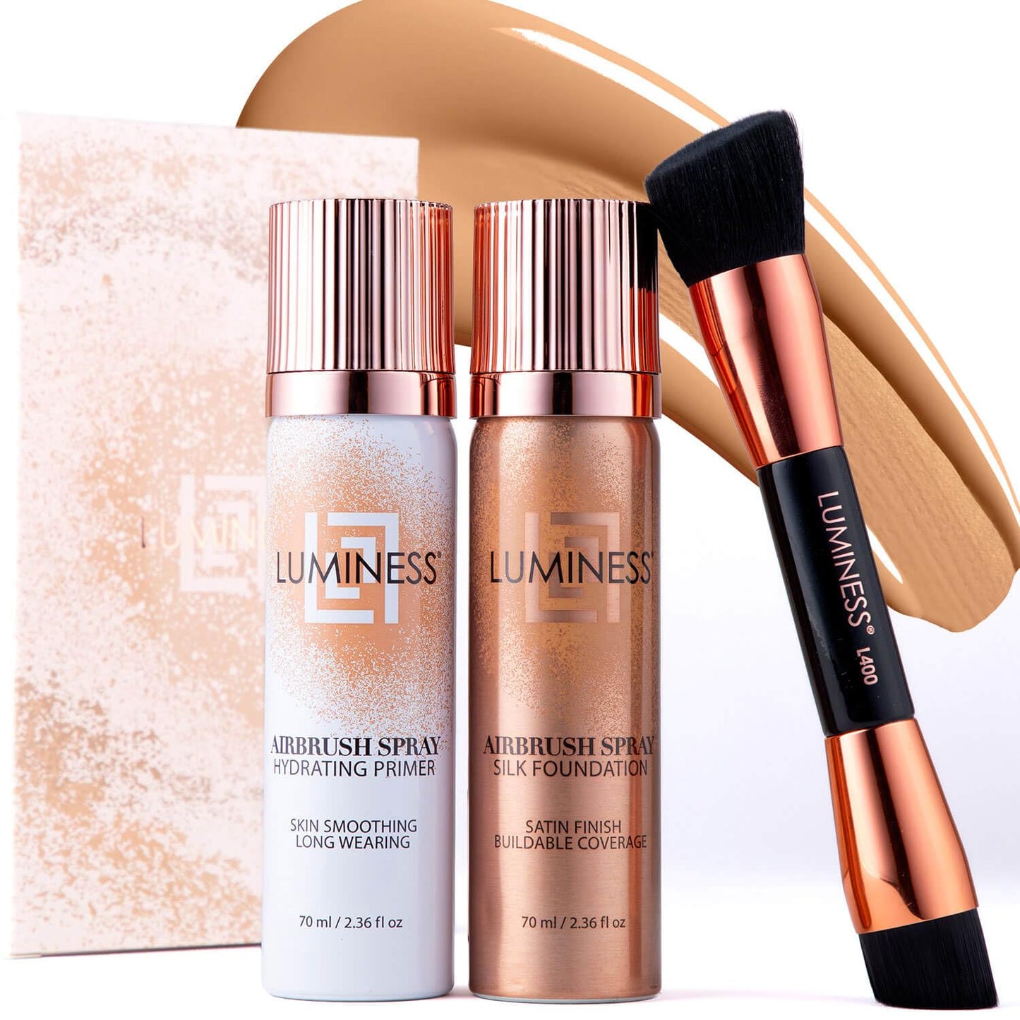 LUMINESS Airbrush Spray Silk Foundation Starter Kit - Light Warm - Foundation, Primer & Dual-Sided Angled Buffing Brush - Medium, Buildable Coverage, Anti-Aging Formula Hydrates & Moisturizes
