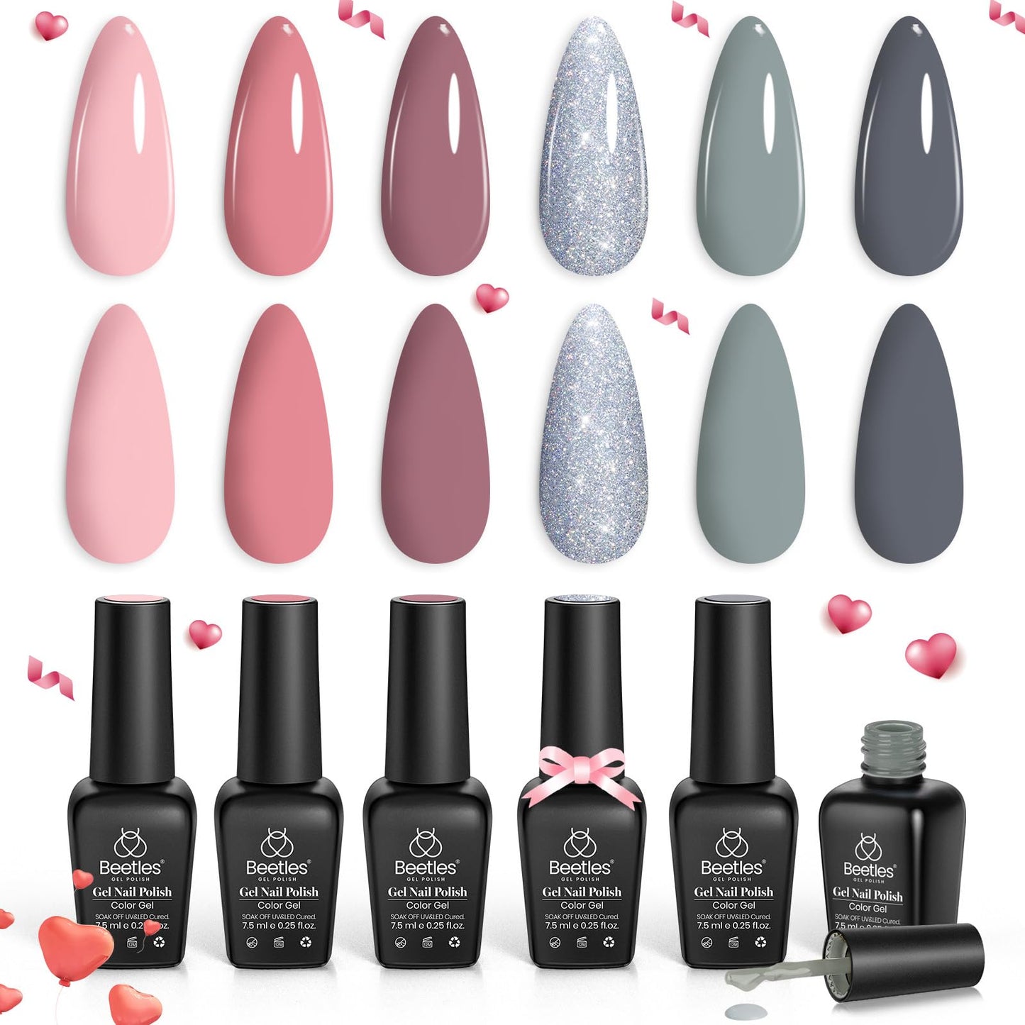 beetles Gel Nail Polish Set 6 Colors, pink nude gray glitter Gel Nail Polish Set Wedding Gel Polish Bridesmaid Nail Art Design Soak Off Uv LED Lamp Needed Manicure Set Valentines Day Gifts for Women