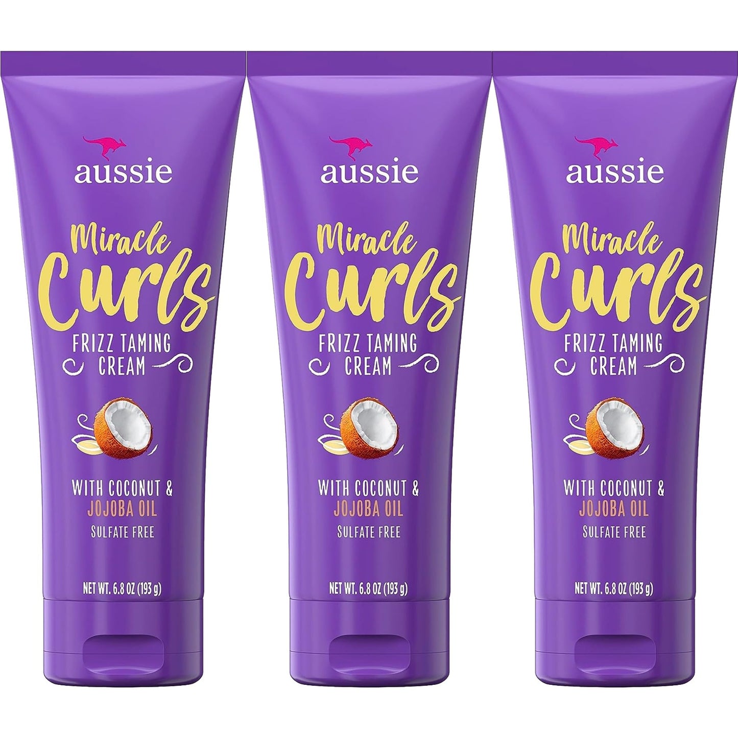 Aussie Miracle Curls Frizz Taming Cream 6.8 Ounce (Coconut & Jojoba Oil) (3 Pack)