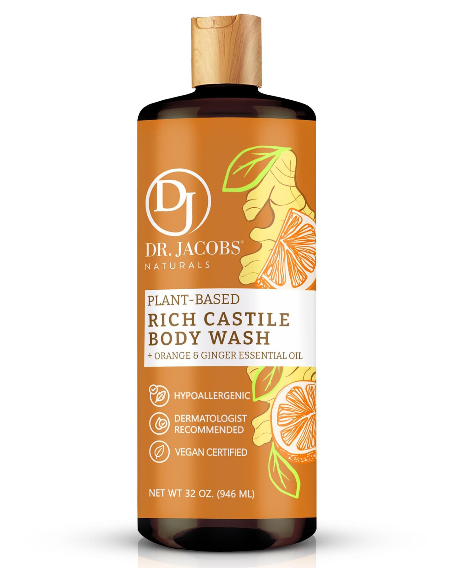 DR. JACOBS NATURALS Castile Orange & Ginger All-Natural Body Wash for Moisturizing Dry and Sensitive Skin Shampoo with Plant-Based Ingredients Gluten, Preservatives-Free Formula - 32 oz