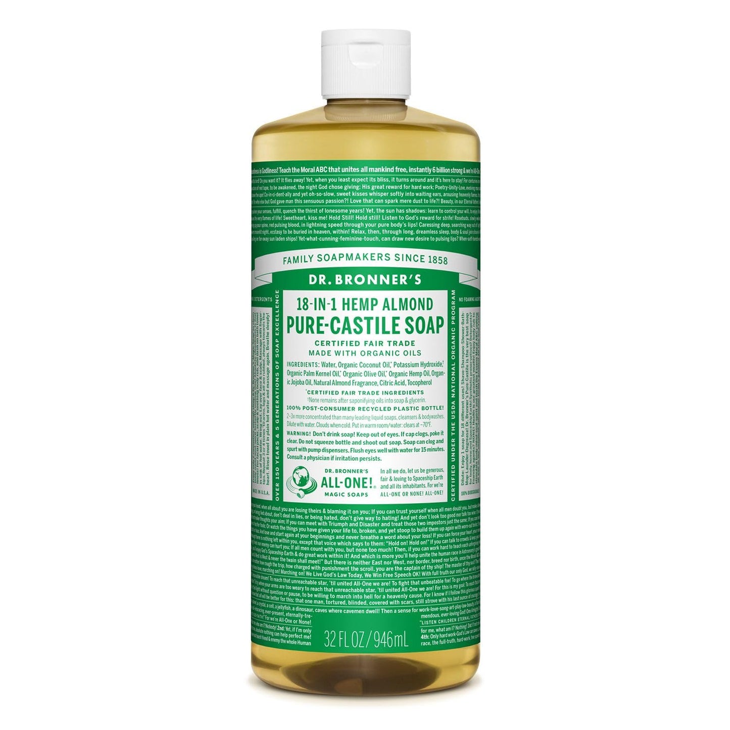 Dr. Bronner'S - Pure-Castile Liquid Soap (Almond, 32 Ounce) - Made With Organic Oils, 18-In-1 Uses: Face, Body, Hair, Laundry, P