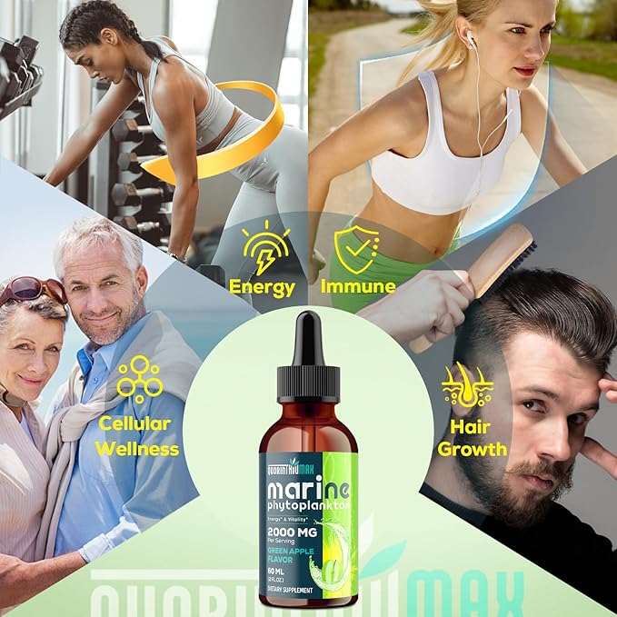 Marine Phytoplankton Drops 2000mg - High Absorption Phytoplankton Supplement with Wheatgrass & Fo-ti for Cellular Wellness, Hair Growth, Energy & Immunity | Green Apple Flavor, 60ml (Pack of 2)