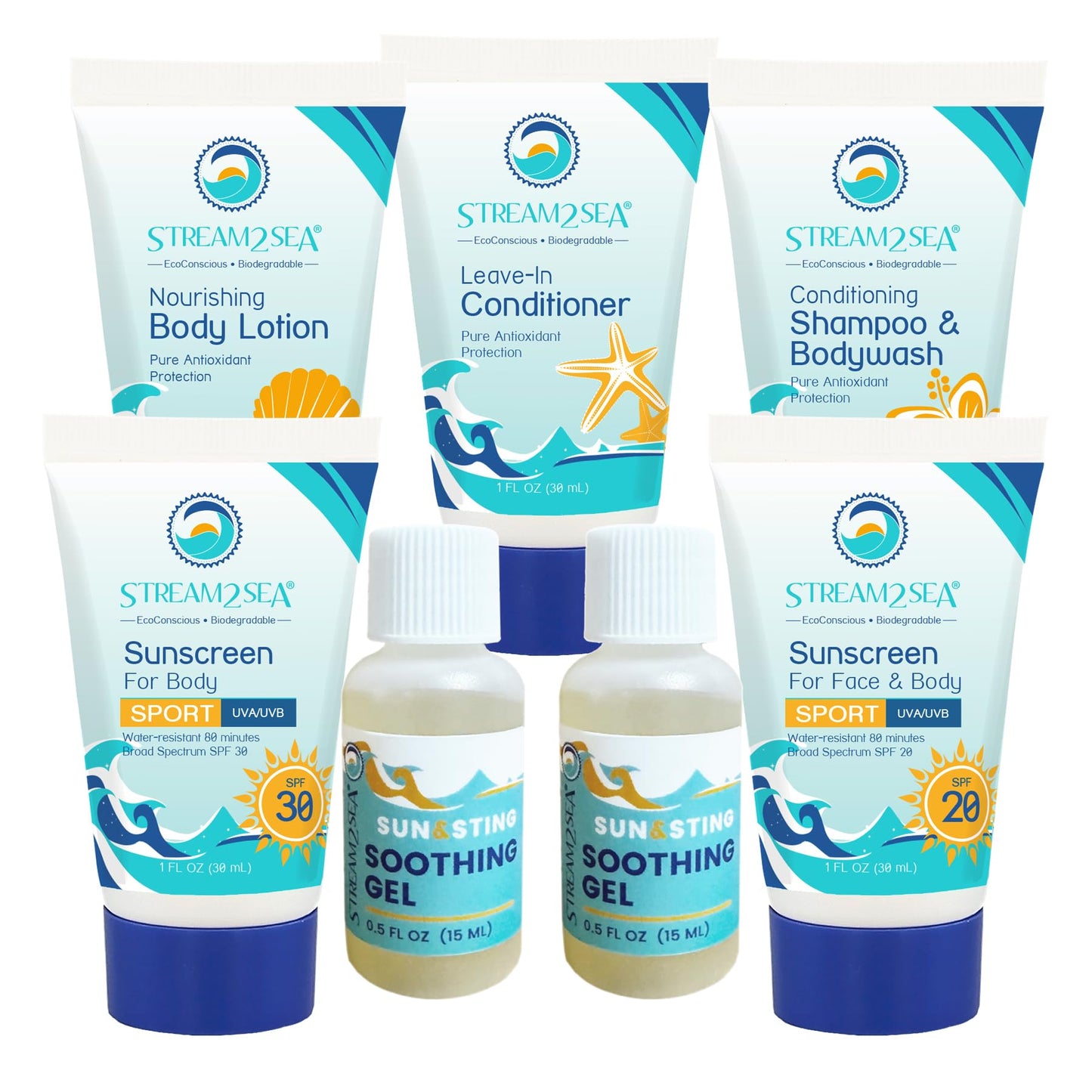 Stream 2 Sea 6 Pack Natural Travel Sized Toiletries, 1Oz Paraben Free Sample Size Shampoo, Conditioner, Lotion, Mineral Sunscree