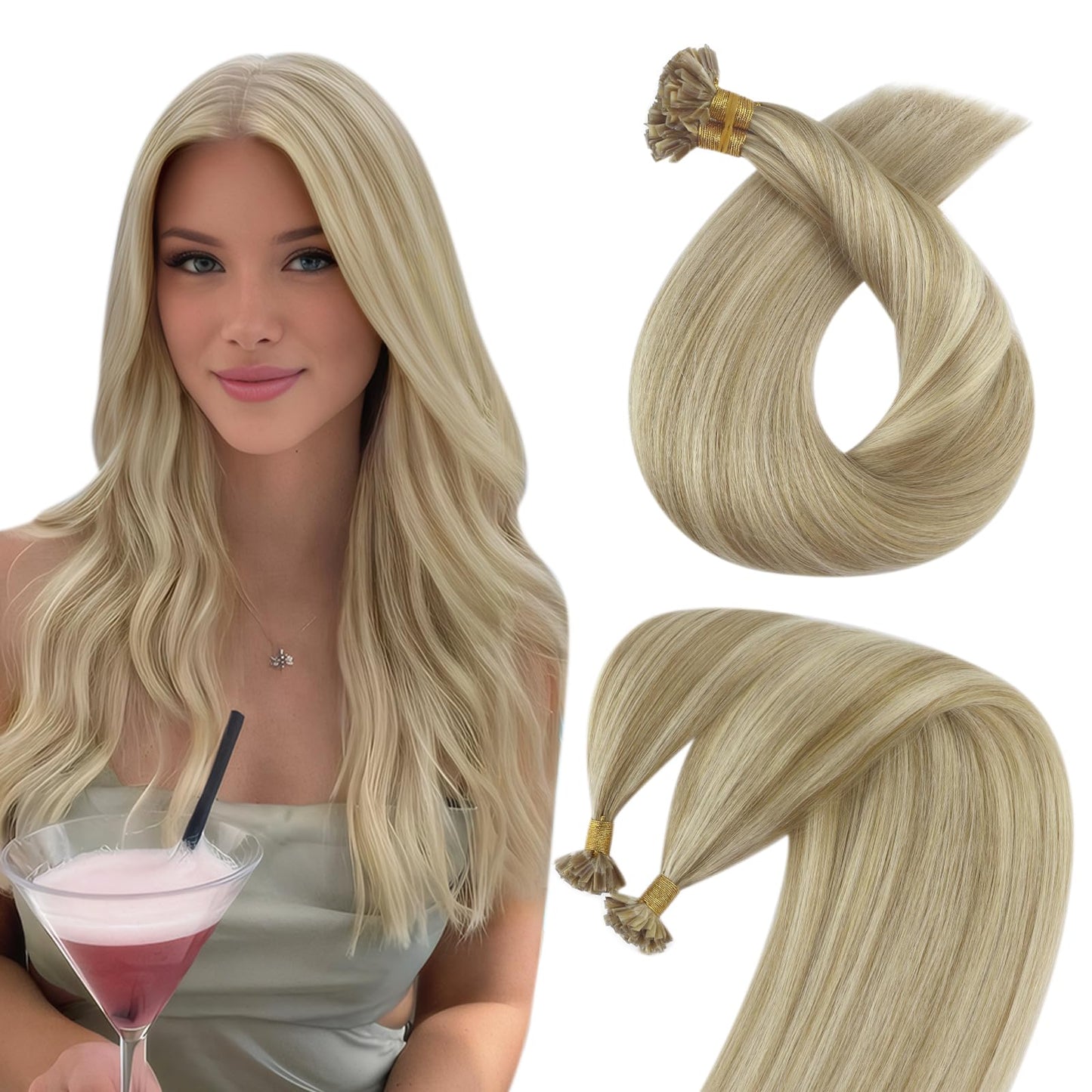 Sunny Hair Blonde K Tip Hair Extensions Real Human Hair Highlight 22Inch K Tip Human Hair Extensions Ash Blonde Highlight Golden