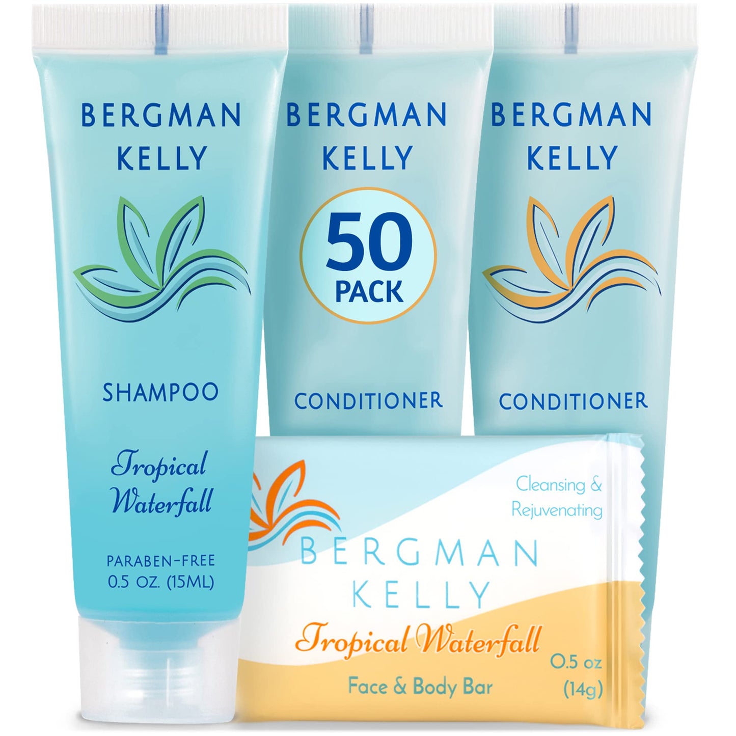 Bergman Kelly Rectangular Hotel Soap Bars, Shampoo & Conditioner 3-Pc Set (0.5 Oz Each, 150 Pc, Tropical Waterfall), Delight Gue