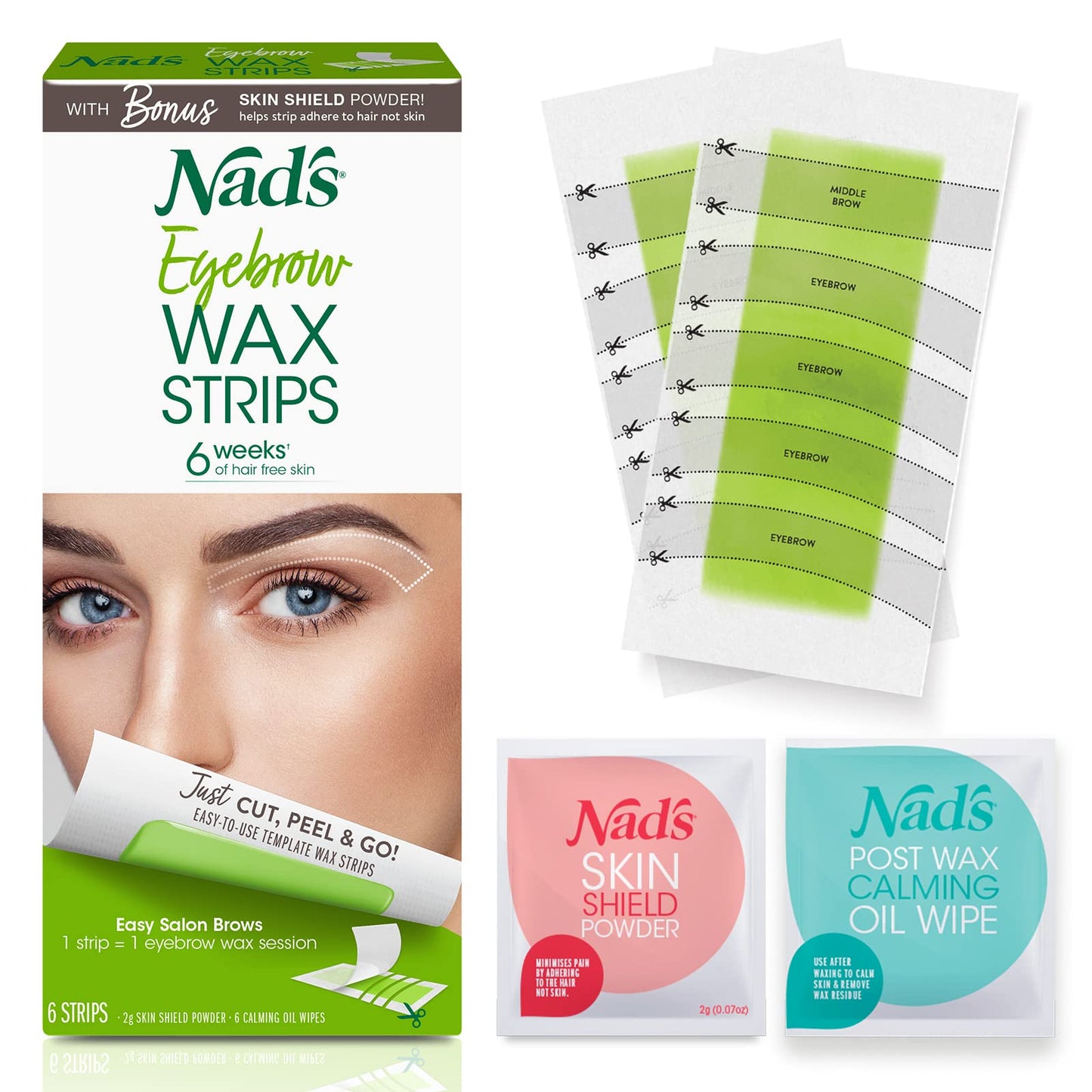 Nad's Eyebrow Wax Strips - Facial Hair Removal for Women - Eyebrow Wax Kit with 6 Eyebrow Waxing Strips + 6 Calming Oil Wipes +