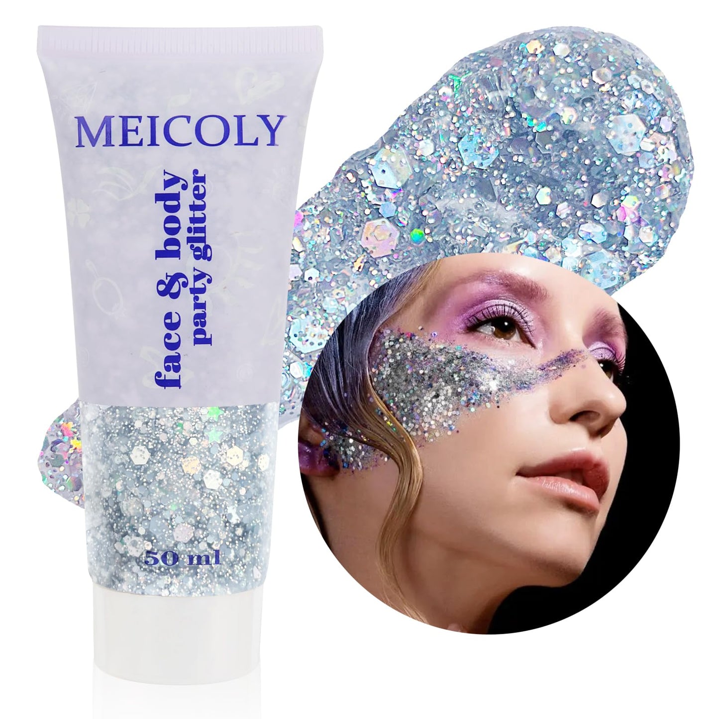 MEICOLY Silver Body Glitter,Chunky Silver Face Hair Glitter,Silver Glitter Makeup for Eyes,Sparkle Face Paint for Women and Kids,Music Festival Party Accessories