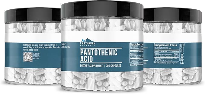 Earthborn Elements Pantothenic Acid 200 Capsules, Pure & Undiluted, No Additives
