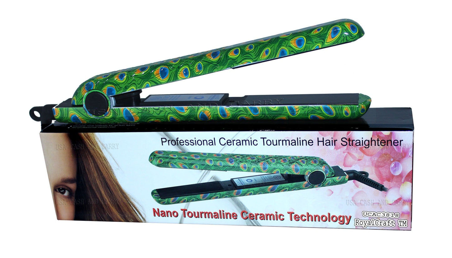 RoyalCraft Peacock Print 100% Ceramic 1.25'' Hair Straightener Professional Immediate Heat Up Iron.