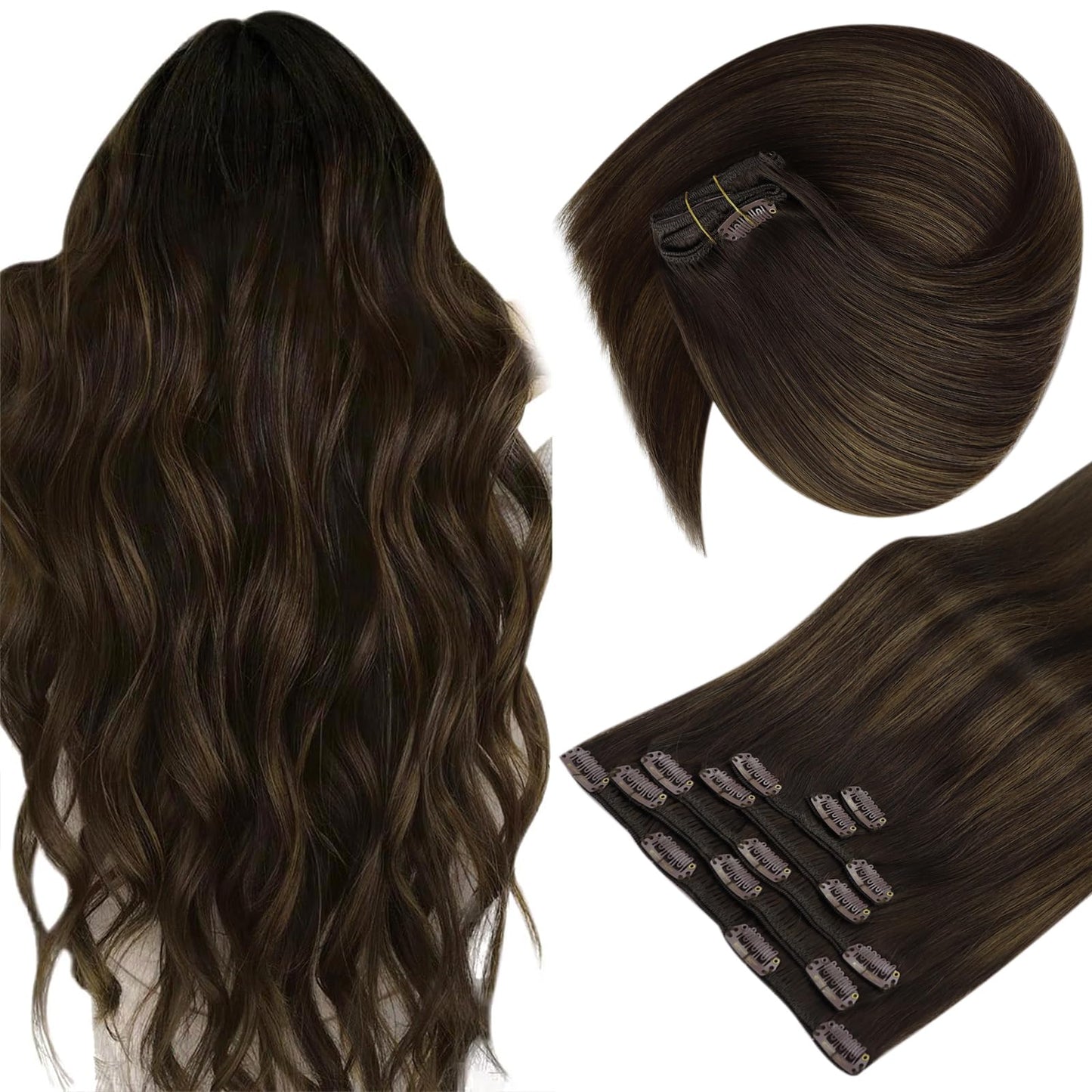 Sunny Clip In Extensions Human Hair Brown Human Hair Clip In Extensions Dark Brown Balayage Medium Brown Clip In Hair Piece Exte