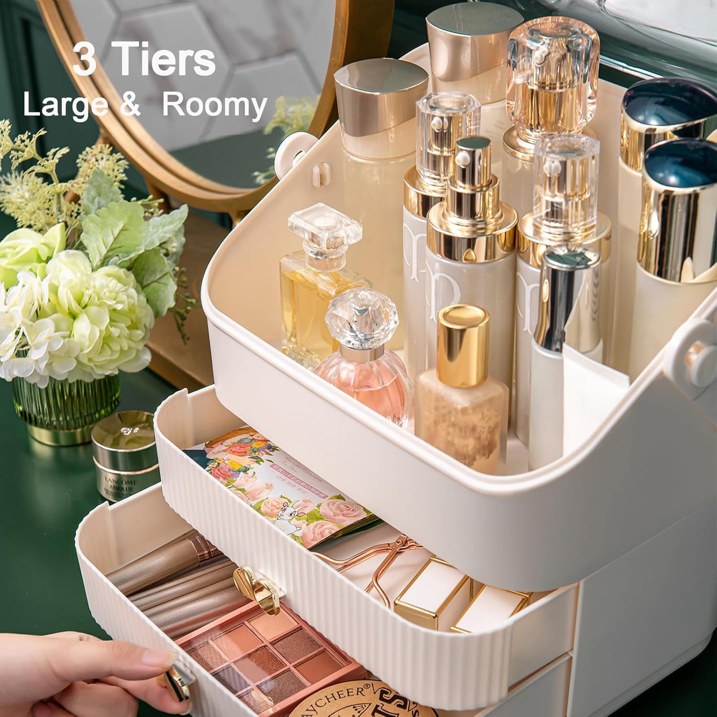 Makeup Organizer | 3-Tier Cosmetic Storage Box with Dust Cover & Drawers | Ivory