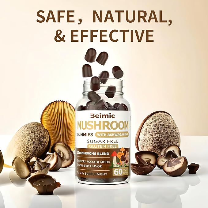 Mushroom Gummies - 10x Mushroom Supplement with Ashwagandha and Lions Mane (120 Chews) Nootropic Brain Supplement, Immune Support & Stress Relief (Pack of 2)