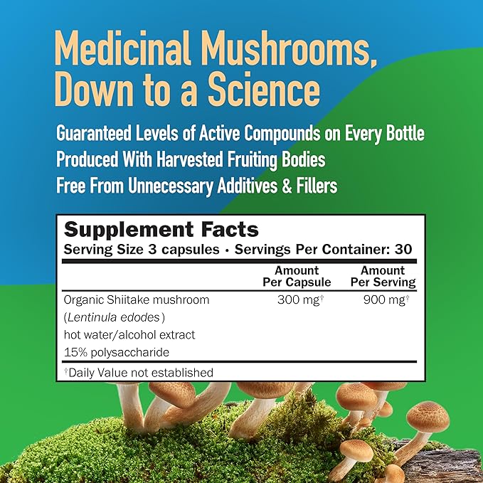 Shiitake Mushroom Capsules, Full Spectrum Extract, Natural Mushroom Supplement for Adults, Hot Water Extracted Mushrooms, Health Defense Support, Vegetarian, 300MG, 90 Count