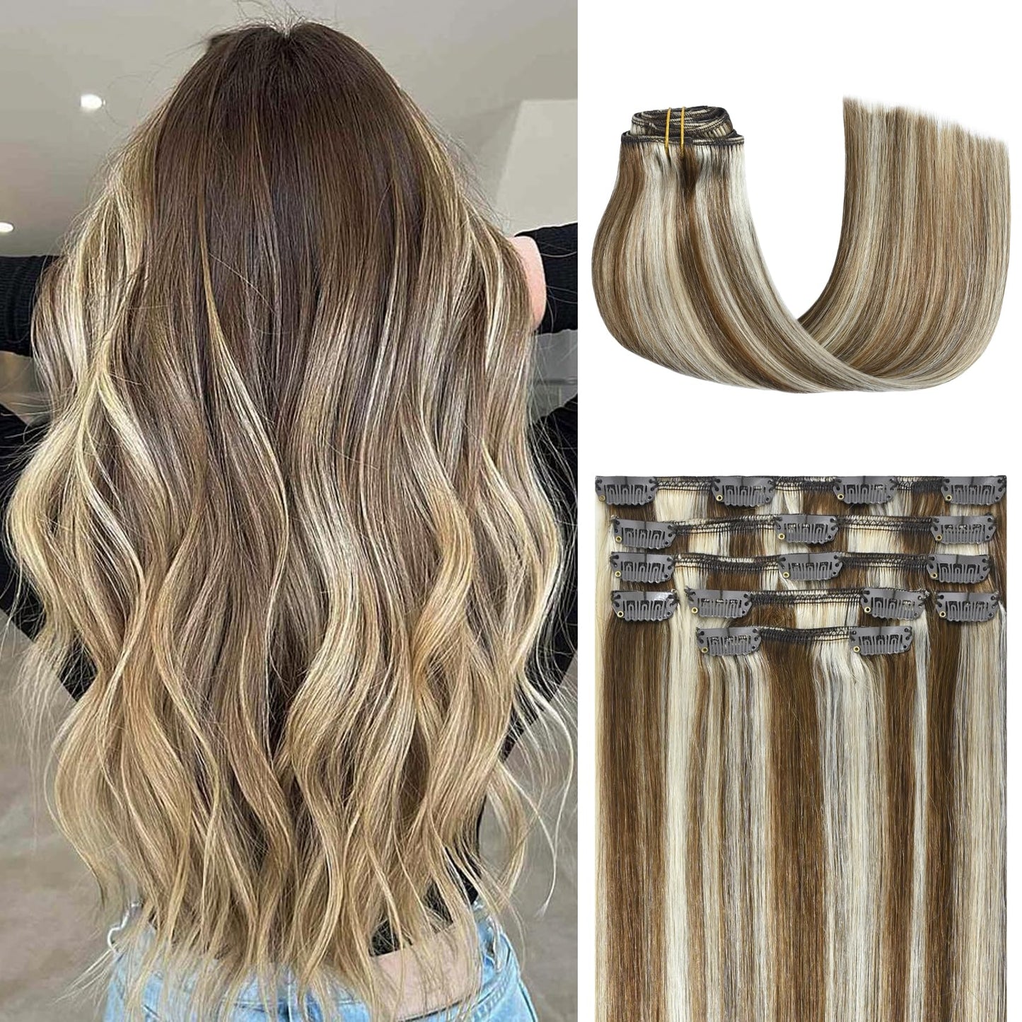 Honsoo Clip In Remy Hair Extensions Light Brown To Blonde Highlights Balayage Hair 70G 12Inch Real Hair Extensions Natural Soft