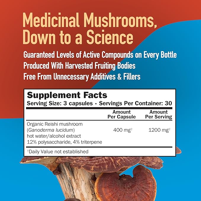 Reishi Mushroom Capsules, Super Strength Full Spectrum Extract, Natural Mushroom Supplement for Adults, Hot Water Extracted Mushrooms, Health Support, Vegetarian, 400MG, 90 CT