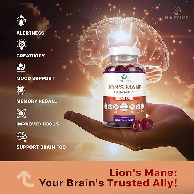 Purify Life Sugar Free Lions Mane Supplement Gummies - Nootropic Supplement for Cognition, Brain Power, and Stress Response - Natural Berry Flavor - 60ct