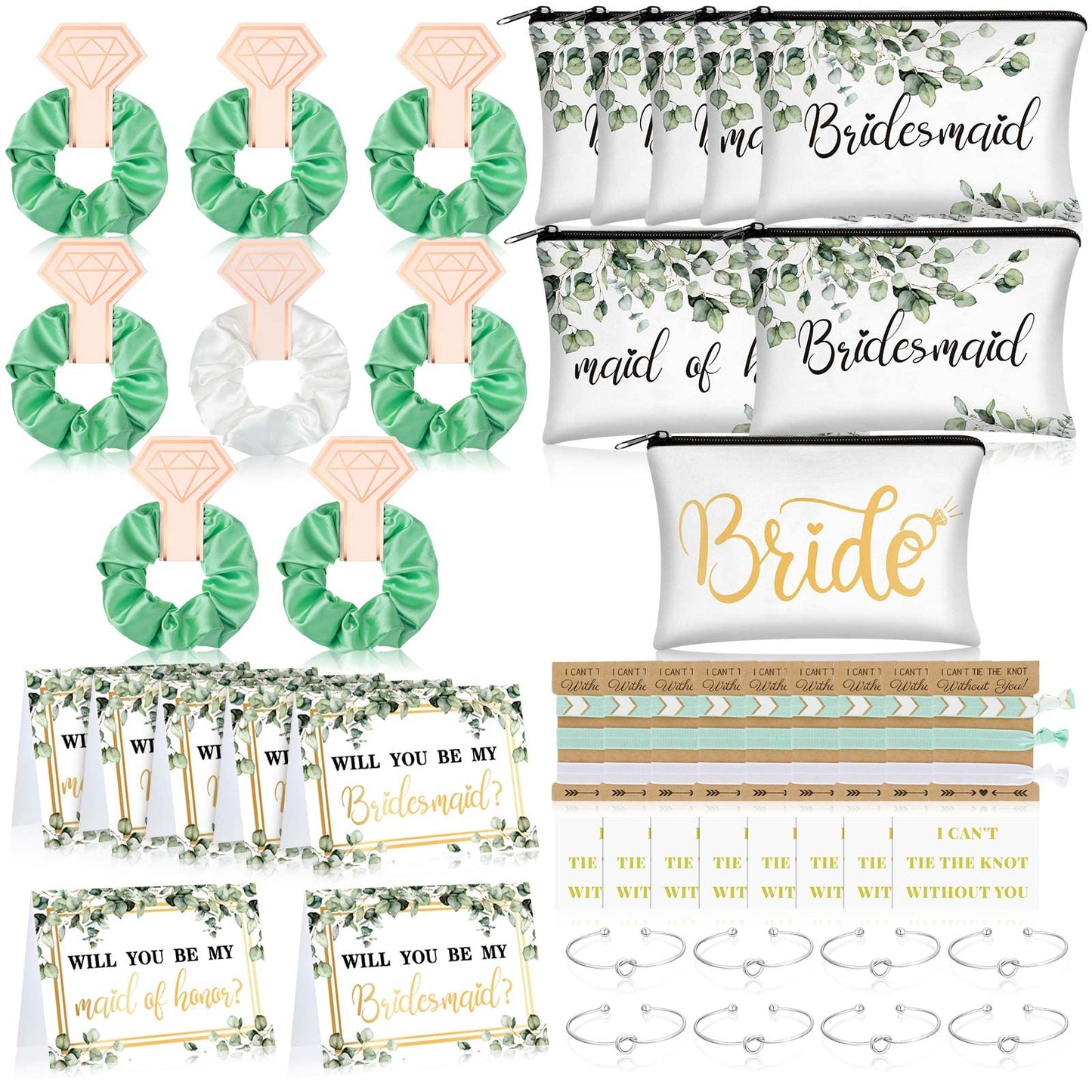 63 Pcs Bride Bridesmaid Proposal Gift Maid of Honor Gifts Matron of Honor Gifts Brides Bridesmaid Cosmetic Makeup Bag Hair Knotted Bracelets Invitation Cards for Wedding Bachelorette (Leaves Style)