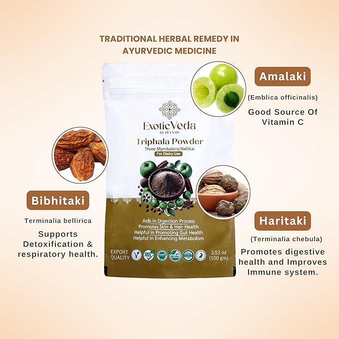 Organic Triphala Powder - Detox Cleanse for Lung, Liver, Colon, and Gut Health - Herbal Skin Care and Fiber Powder - Detox Ghrita and Triphala Organic India - 100g
