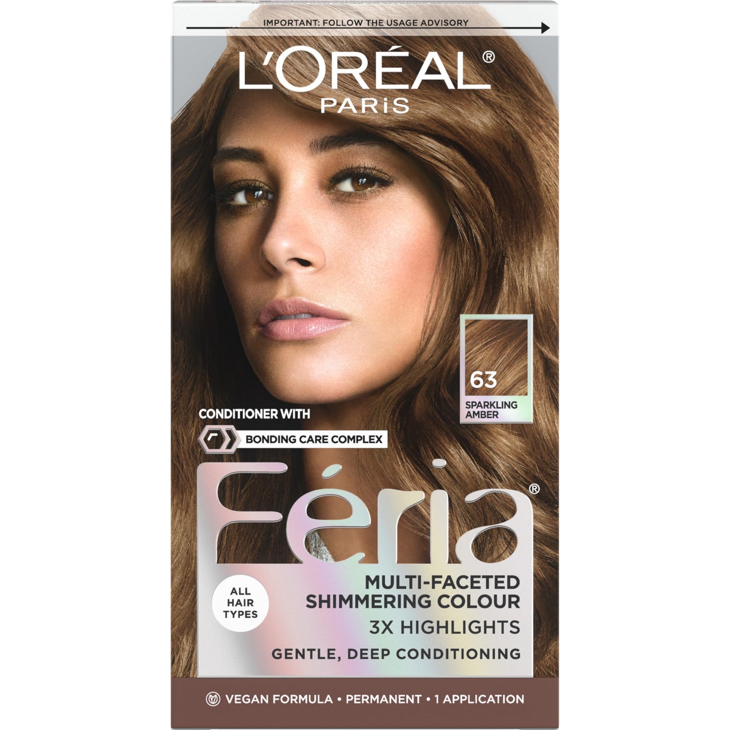 L'Oreal Paris Feria Multi-Faceted Shimmering Permanent Hair Color, 63 Sparkling Amber (Light Golden Brown), Pack Of 1, Hair Dye