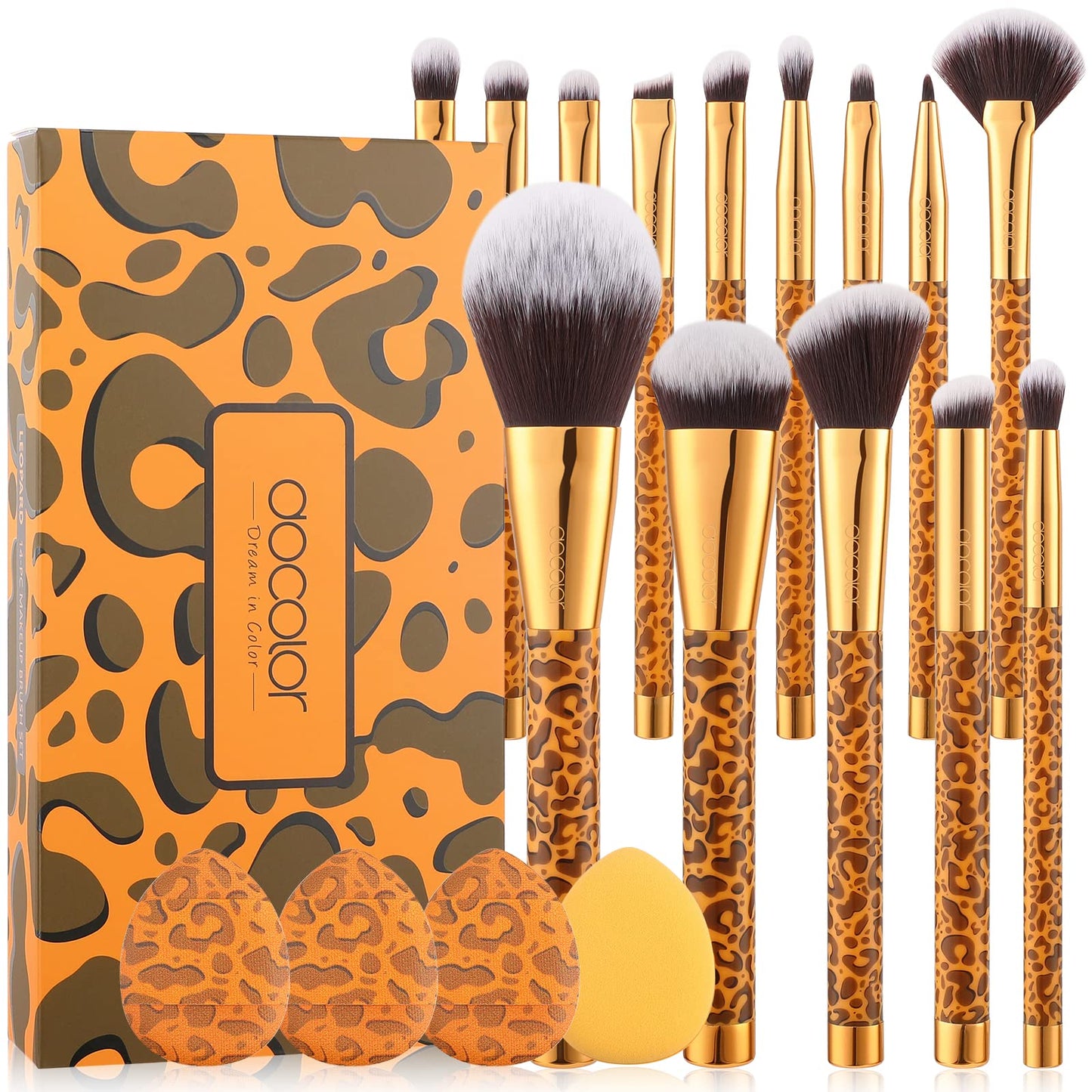 Docolor Makeup Brushes 14Pcs Leopard Makeup Brush Set With 4Pcs Makeup Puffs Premium Synthetic Powder Foundation Contour Blush C