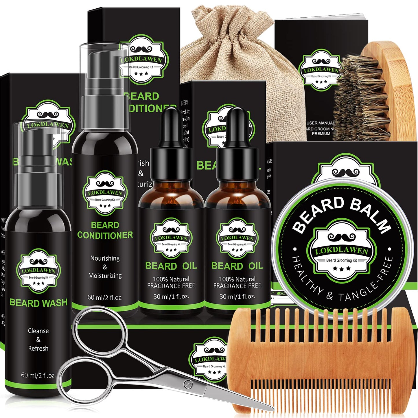 Lokdlawen Beard Kit For Men With Beard Wash, Beard Conditioner, Beard Oil, Beard Balm, Beard Brush, Beard Comb, Beard Scissors,