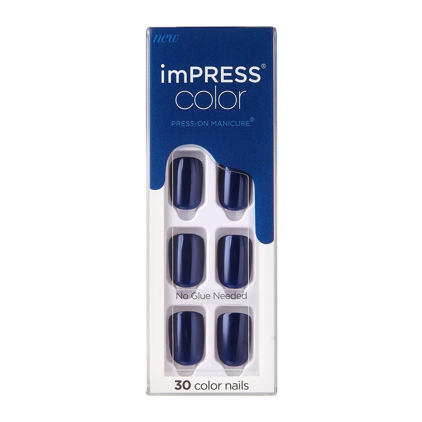 KISS imPRESS No Glue Mani Press On Nails, Color, 'Never Too Navy', Blue, Short Size, Squoval Shape, Includes 30 Nails, Prep Pad,