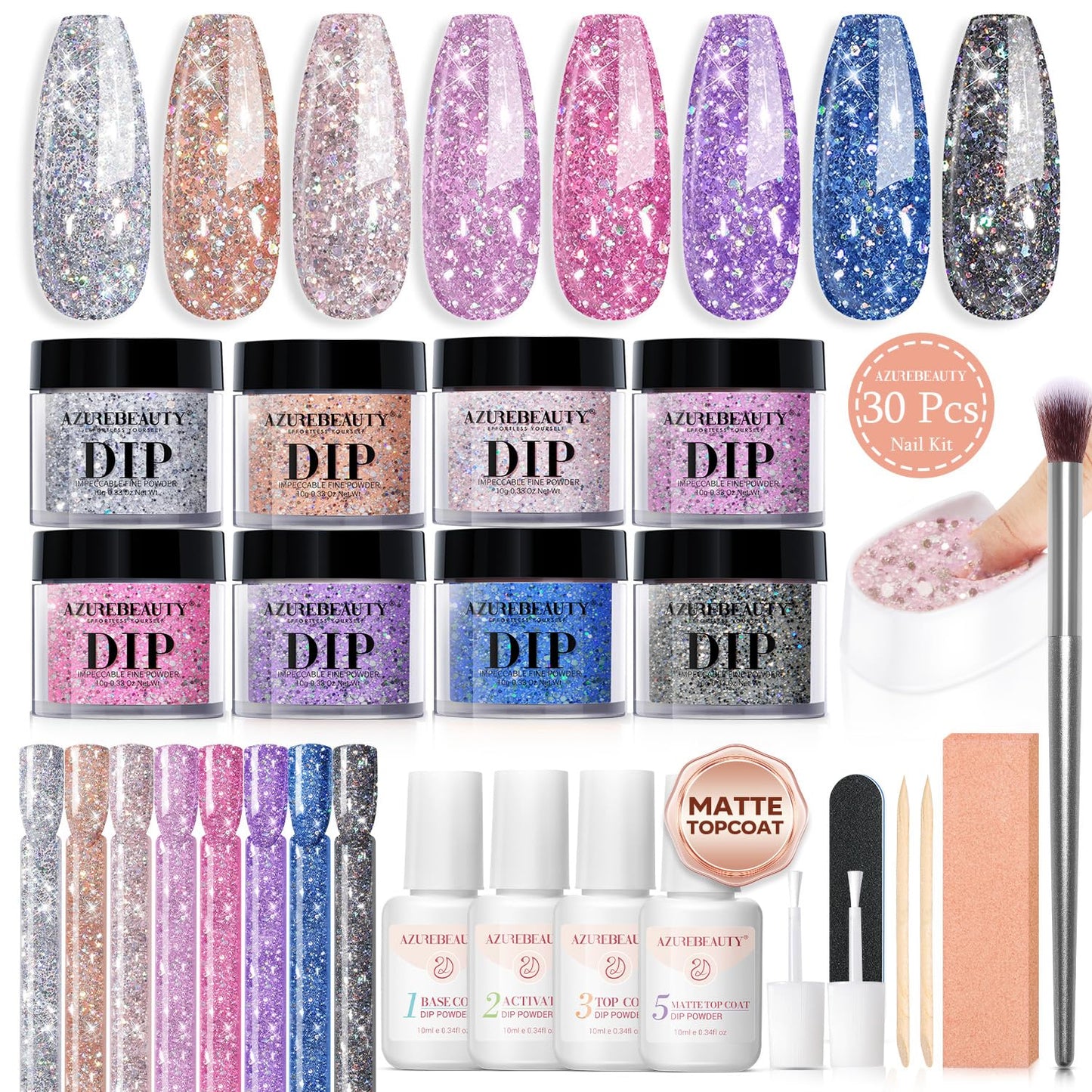 Azurebeauty Dip Nails Powder Starter Kit, Silver Pink Blue Purple Black Shiny Chrome Platinum 8 All Season Colors With Nail Stic