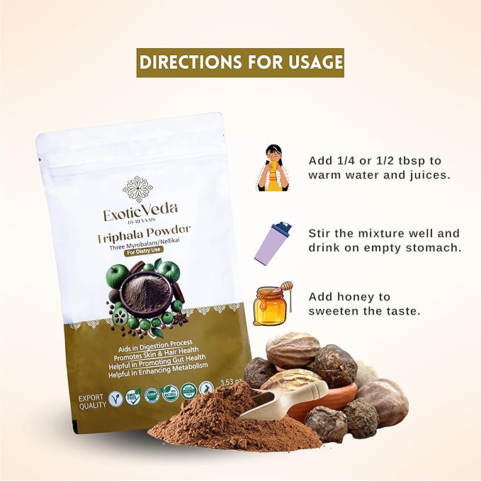 Organic Triphala Powder - Detox Cleanse for Lung, Liver, Colon, and Gut Health - Herbal Skin Care and Fiber Powder - Detox Ghrita and Triphala Organic India - 100g