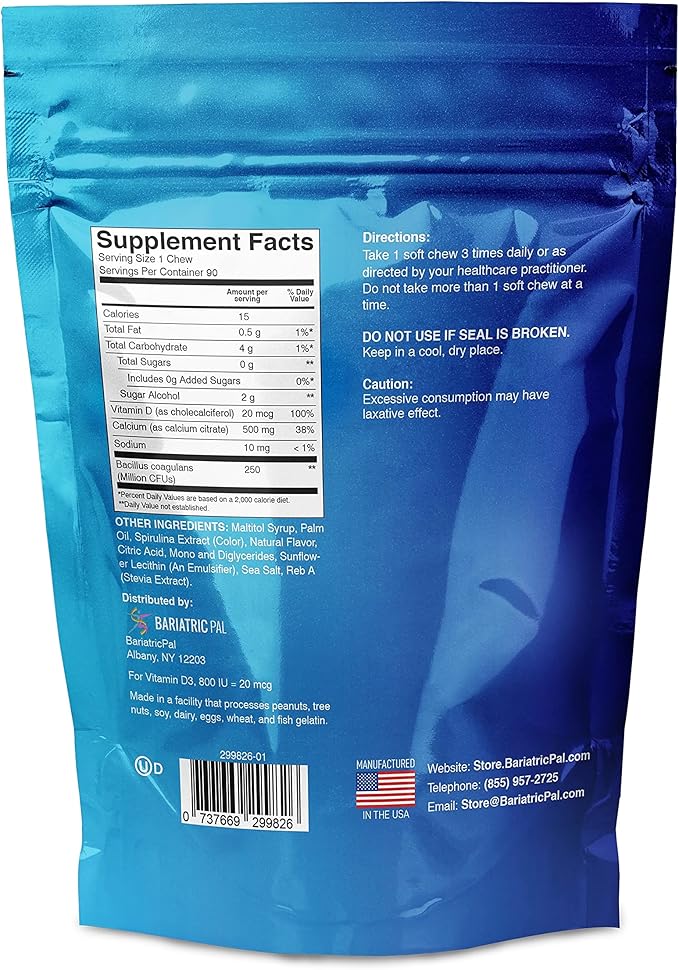 BariatricPal 90-Day Bariatric Vitamin Bundle (Multivitamin ONE 1 per Day! Capsule with 60mg Iron and Calcium Citrate Soft Chews 500mg with Probiotics - Blue Raspberry)