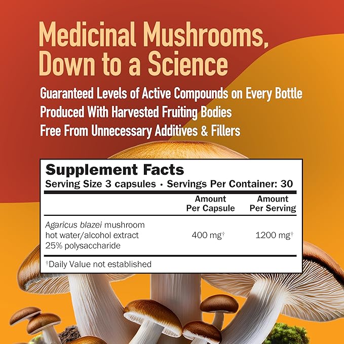 MushroomScience Agaricus Blazei Mushroom Capsules, Full Spectrum Extract, Natural Mushroom Supplement for Adults, Health Defense Support, Hot Water Extracted Mushrooms, Vegetarian, 400MG, 90 CT