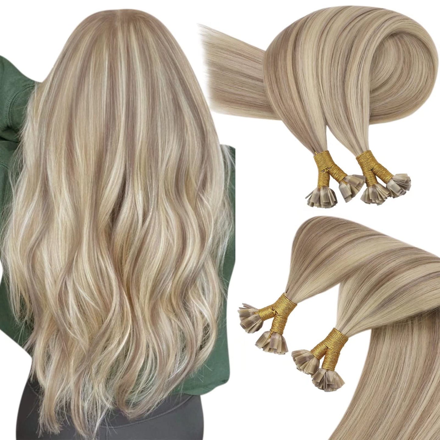 Sunny Hair Flat Tip Hair Extensions Golden Blonde Keratin Hair Extensions Ash Blonde Highlight Golden Blonde Hot Fusion Hair Ext