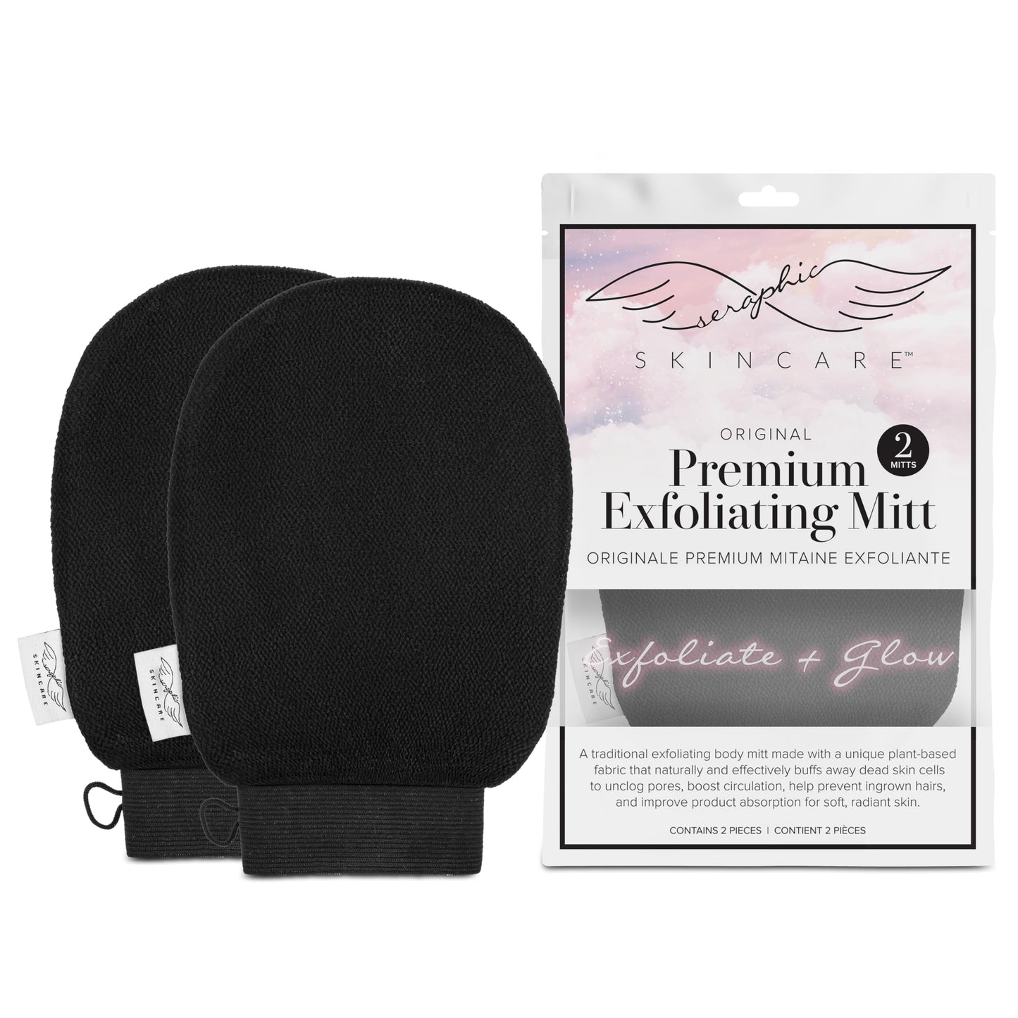 Seraphic Skincare (Original) Premium Exfoliating Mitt For Body (2Pc) - 100% Vegan Viscose Traditional Body Scrub Glove Kessa Kor