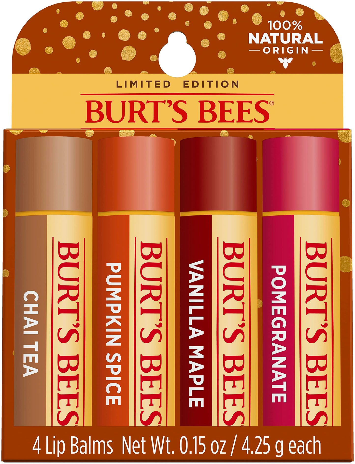 Burts Bees 100% Natural Moisturizing Lip Balm, Winter Variety Pack, Chai Tea, Pumpkin Spice, Vanilla Maple, Pomegranate, 4 Tubes