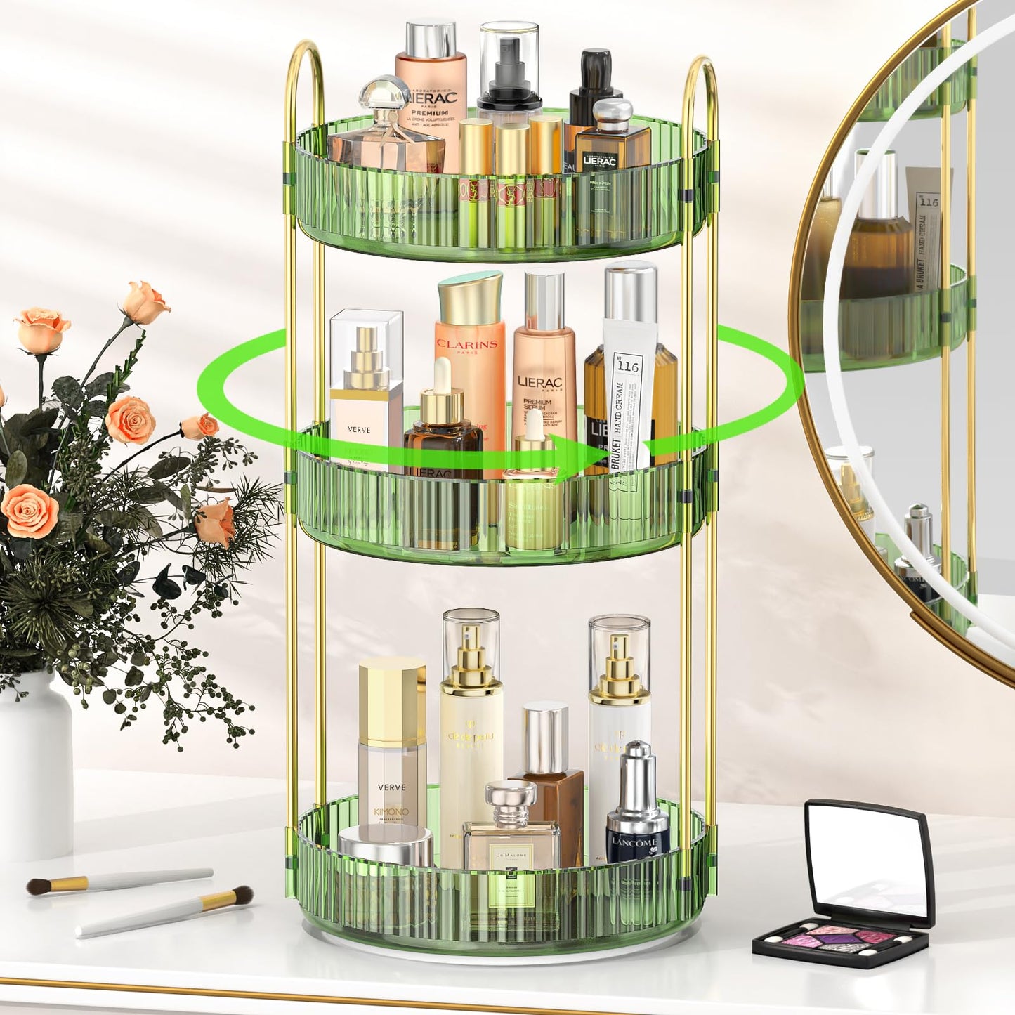 MOKANI 360 Rotating Makeup Organizer for Vanity, 3 Tier Adjustable Perfume Organizer for Dresser, Multi-Function Spinning Cosmetics Skincare Storage for Bedroom, Dresser, Countertop, Green