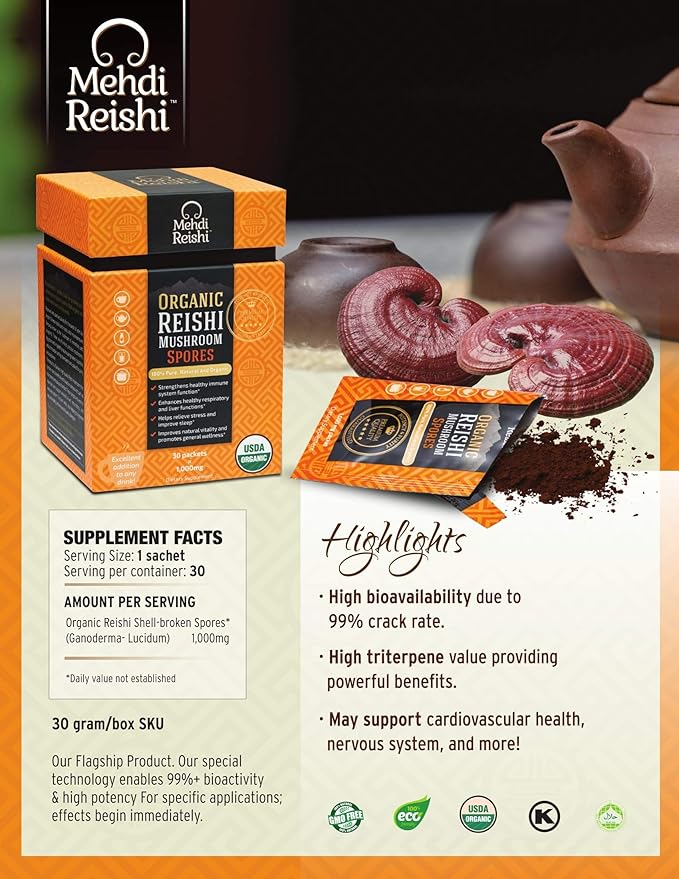 Organic Reishi Mushroom Spores 30 Servings - 100% Pure, Premium and Organic Spores-Ganoderma Lucidum, Lingzhi - High Potency Triterpenes (30 Grams)